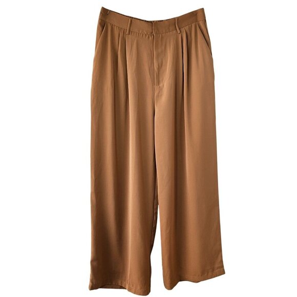 Tronjori High Waist Wide Leg Trousers Women 12 Camel Polyester Pleated Front NWT - Picture 1 of 6
